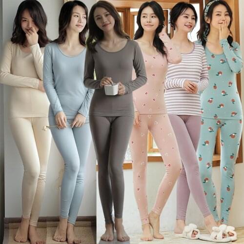 2021 Autumn Long Sleeve 100% Cotton Thermal Body Shaper Underwear Sets For Women Korean Warm Long John Pajama Sleepwear Bodysuit