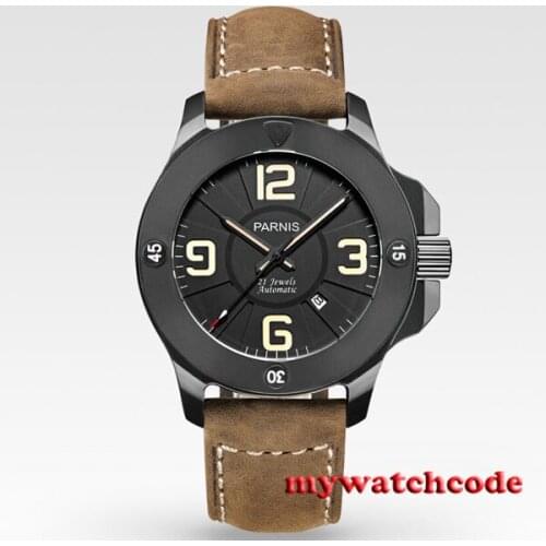 Parnis black dial PVD Sapphire Glass 21 jewels miyato Automatic mens Watch 570