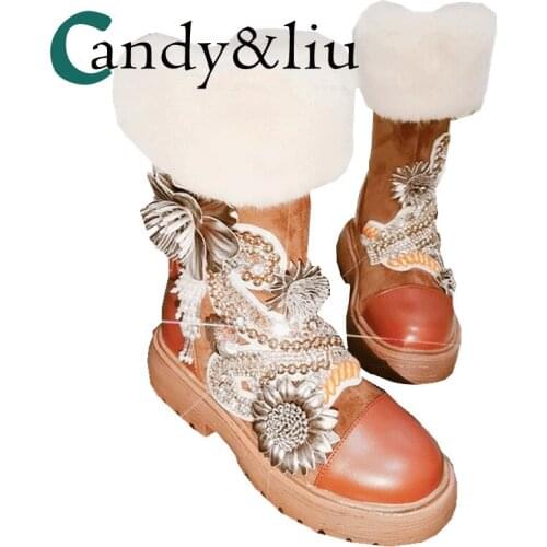 Retro tube plus velvet platform womens shoes new winter Mao Mao rhinestone tassel sponge cake strap shoes