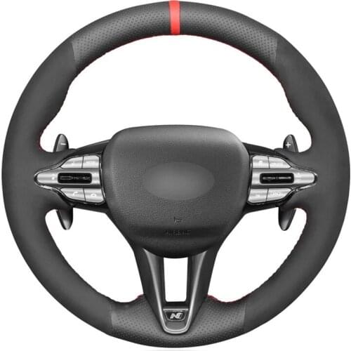 Hand-stitched Red Marker Black Genuine Leather Suede Car Steering Wheel Cover for Hyundai i30 N 2018-2020 Veloster N 2019-2021
