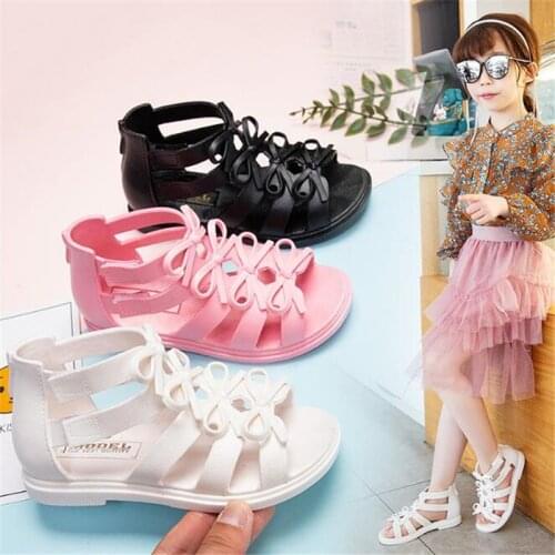 Girls' sandals 2021 summer new fashion solid Roman sandals childrens bow princess shoes girls' soft soled anti slip beach shoes