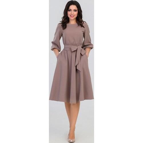 Summer Autumn Women Dress 2020 Solid Color High Waist A Line Ladies Midi Dresses Casual Puff Sleeve Vintage Dress Women