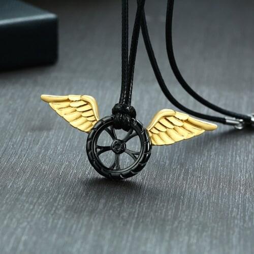 ZORCVENS Punk Stainless Steel Stylish Tire Pendant with Angel Wing Men Necklaces Auto Car Lover Jewelry Casual Male Collar