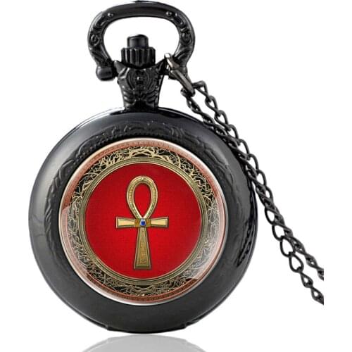 Antique Ankh Ancient Egypt Symbol Black Vintage Quartz Pocket Watch Men Women Charm Pendant Necklace Hours Clock Gifts