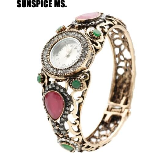 SUNSPICE MS Retro Vintage Watch Bangle Cuff Resin Round Charm Bracelet Jewelry Antique Color Turkish Women Ethnic Festival Gift
