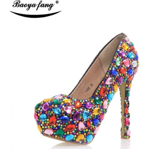 Multicolor crystal Women Wedding shoes high heels platform shoes 14cm high shoes woman party dress Pumps