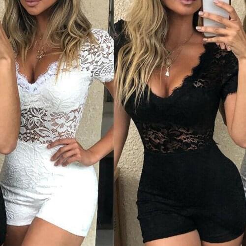 2019 New Summer Fashion Sexy Women Lace Jumpsuits Short Sleeve Casual Slim Playsuit Short Pants Rompers Clubwear Bodysuits