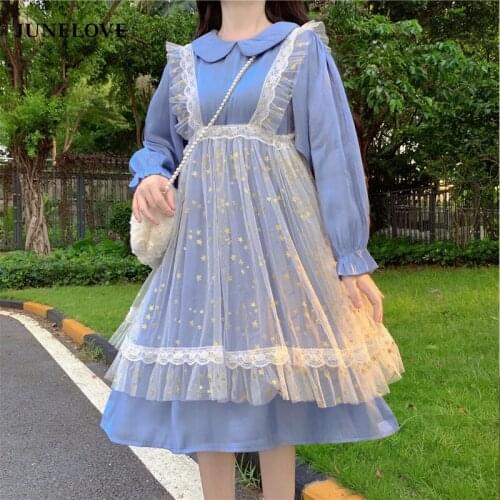 JuneLove Lolita Dress Women Everyday Clothing 2 Piece Set Sweet Cute Soft Girl Blue Big Swing Dresses Kawaii Girly Lolita Dress