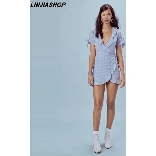 Vintage Print Blue Short Summer Dress Women Ruffles A Line Flare Sleeve High Waist Beach Vocation Mini Dress Ins Bloggers Style