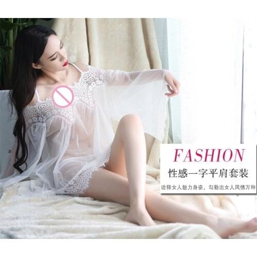 2018 White Summer Women Sexy Fashion Lingerie Net Yarn Lace Leakage Shoulder Transparent Erotic Sling Sleepwear Full Slips