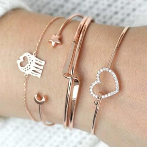 4 Pcs/ Set Fashion Heart Giraffe Star Moon Chain Opening Gold Bracelet Set Women Charm Party Wedding Jewelry