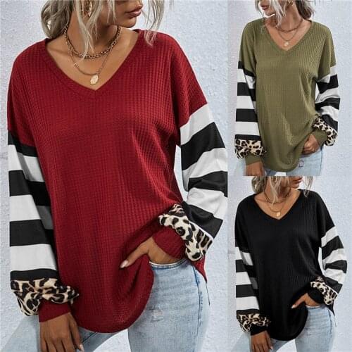 Blouse Autumn Women Long Sleeve Leopard Print Spelling Color V Neck Patchwork Shirts Casual Top Tees Winter Plus Size Female