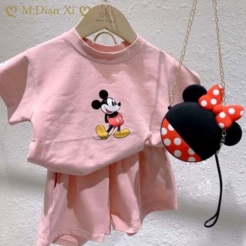 2PCS Childrens Clothing 2021 New Summer Girls Suit Round Neck Cartoon Short-sleeved T-shirt Loose Shorts Baby Shorts Suit