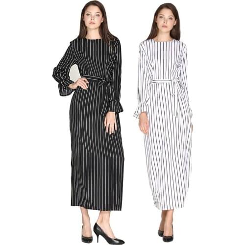 Muslim Girls Long Dress New Arabic Fashion Womens Wear Striped Bell Sleeve Dress islamic clothing women muslim