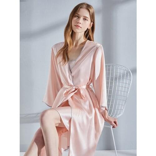 Real Silk Robe Nightgown Bride Bridesmaid Wedding Robe 2PC Set Pink Homeclothes Pure Silk Sleeping Dress Bathrobe Women 16mm