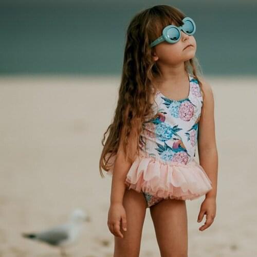 Ins Summer baby one piece Cartoon swimwear girl Cut toddler Swim wear Ball Gown TUTU swimsuit bikini dresses Free Hat