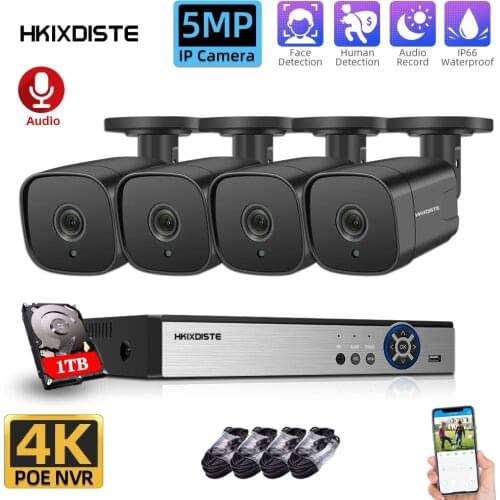 4K 4CH POE NVR AI Human Detection Audio Record IP Camera System H.265 Indoor Outdoor Security CCTV Video Surveillance Kit 4ch