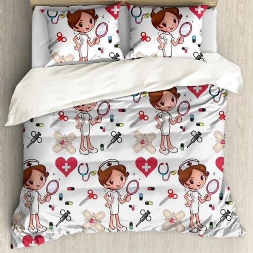 Cartoon Nurse Print 3Pcs/Set Bedding Set Sheet Children Adults Room with Pillowcase Cover Cartoon Queen King AU Single Size