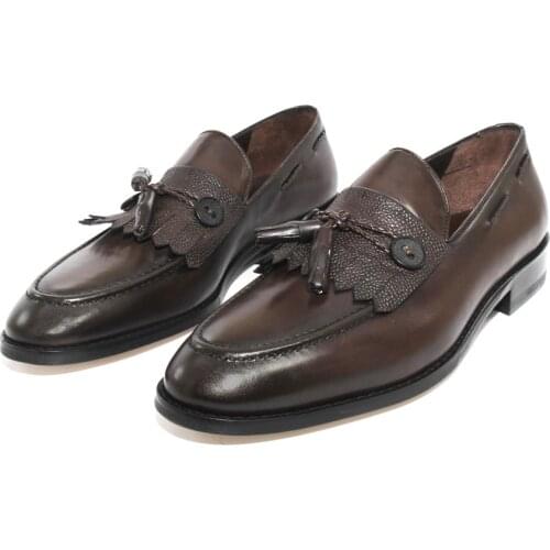 SHENBINS Handmade Brown Tassel Loafers with Genuine Leather Soles, Full Leather Insoles, Mens Premium Casual Party Shoes