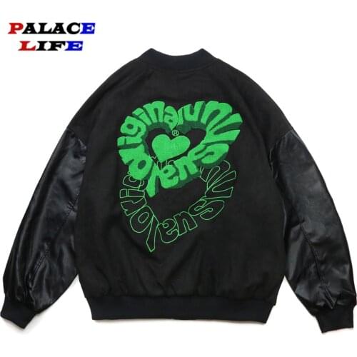 Hip Hop Furry Heart Patchwork Zipper Jackets Men Harajuku Streetwear Loose Bomber Jacket Autumn Couple Baseball Jacket Coats