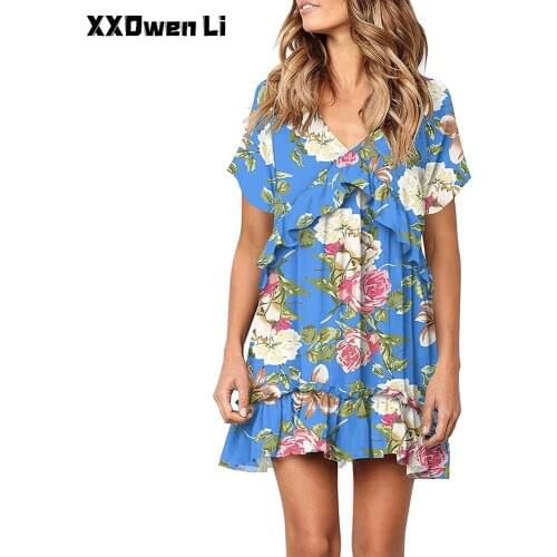 Summer Floral Print Mini Dresses For Women Casual Loose Short Sleeve Plus Size Dress Fashion Ruffle Beach Boho Vacation Dress