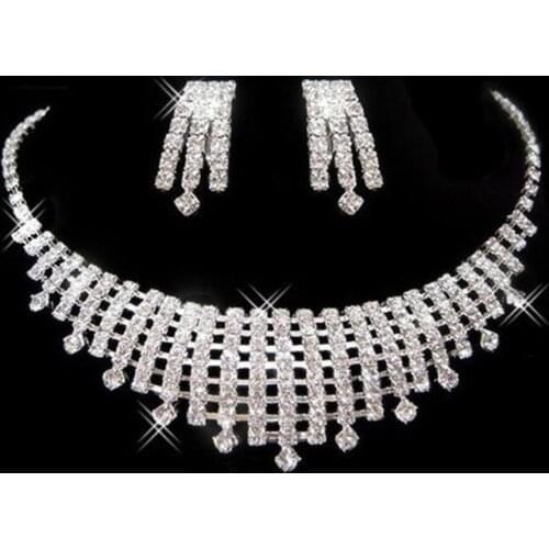 Trendy Female White Crystal Jewelry Set Charm Silver Color Drop Dangle Earring For Women Dainty Zircon Wedding Chain Necklace