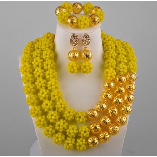 Opaque Yellow African Beads Jewelry Set Crystal Ball Nigerian Necklaces Bridal Wedding Jewelry Sets