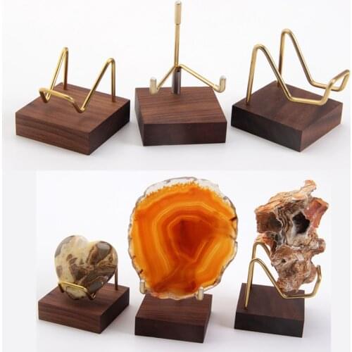 Walnut Wood Brass Metal Display Stand Crystal Minerals Specimen Natural Rock Quartz Stones Shelf Holder Geode Cluster Jewel Base