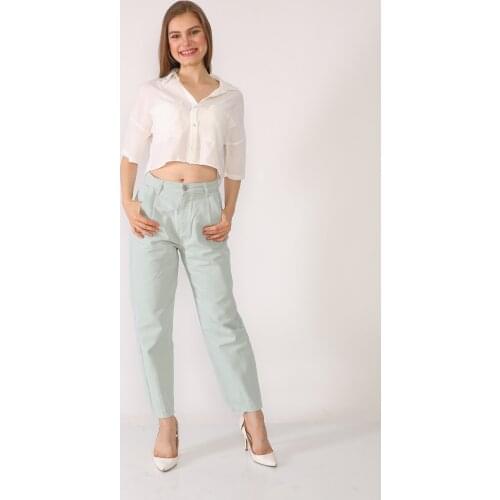 Light Mint Color High Waist Carrot Jeans Pant for Women Streetwear Loose Female Denim Jeans Buttons Zipper Ladies Jeans