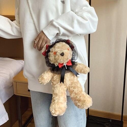 Dark Girl Lolita Retro Bear Doll Shoulder Bags Gothic Soft Cosplay Kawaii Plush Crossbody Bag Handbag Lolita Plush Messenger Bag