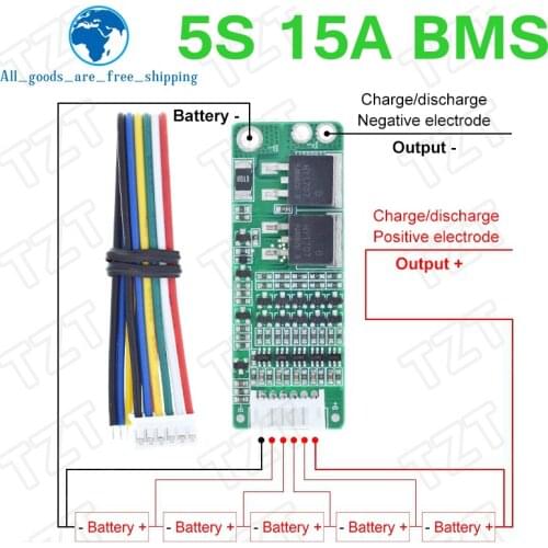 TZT 5S 15A Li-ion Lithium Battery BMS 18650 Charger Protection Board 18V 21V Cell Protection Circuit
