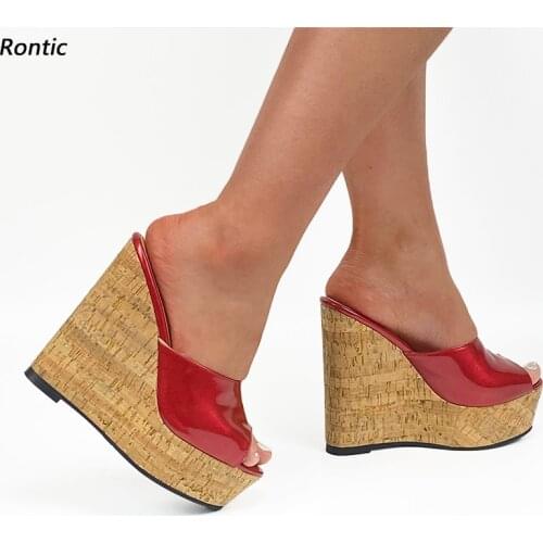Rontic New Handmade Women Platform Mules Sandals Cork Wedges Heels Peep Toe Red Blue Black Purple Party Shoes Size 34 45 47 52