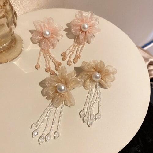 Summer Cute Pink Organza Yarn Flower Dangle Earrings Imitation Pearls Beaded Long Tassel Earrings for Women Party Jewelry