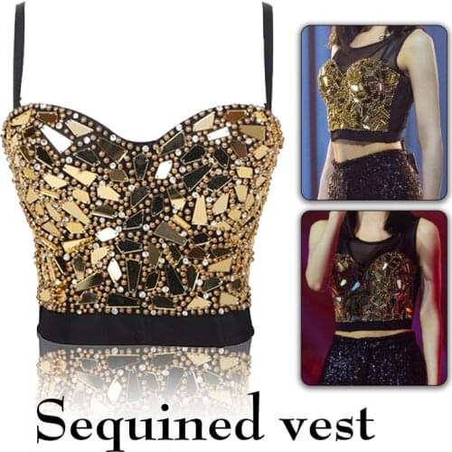 Women Sexy Beaded Diamond Shiny Sequins Camisole Night Club Party Corset Crop Tops Glass Padded Push Up Bustier Bra Bralette