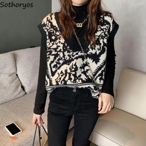 Sweater Vest Women Vintage Top Korean Style Black Loose Printed Streetwear Autumn Harajuku All-match Ins Hot Sale College New