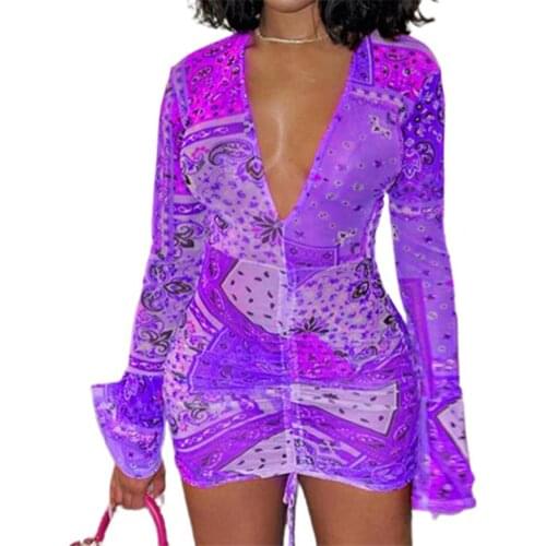 Dress V-neck Floral Print Polyester Fiber Drawstring Design Women Sexy Dress for Leisure summer beach ladies dress