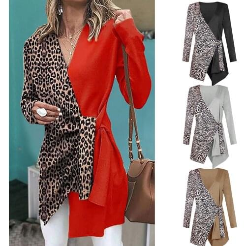 Sexy Women Leopard Print Colorblock Long Sleeve Shirt Dress V-Neck Lace up Blouse Mini Dresses Size S M L XL 2XL