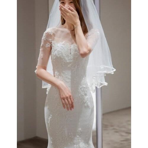 Gorgeous O-Neck Half Sleeve Ivory Sweep Train Illusion Mermaid Lace Wedding Dress Bride Gown Vestidos De Novia