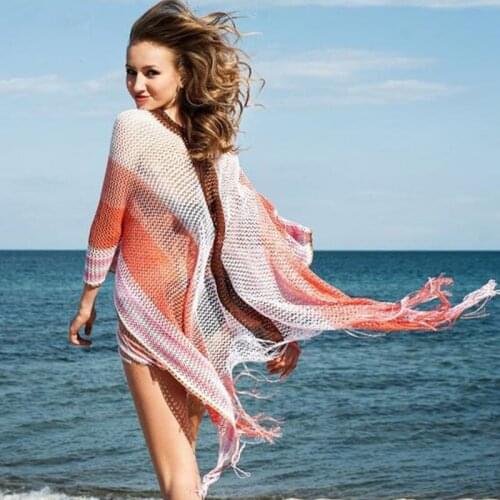 2021 Oversize Bohemian Striped V-neck Cape Sleeve Fringed Knitted Summer Dress Beach Cover Up Women Beachwear Crochet Tunic Q900