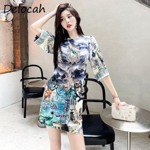 Delocah New 202 Autumn Women Fashion Runway Party Mini Dress 3/4 Sleeve Gorgeous Crystal Beading Vintage Printed A-Line Dresses