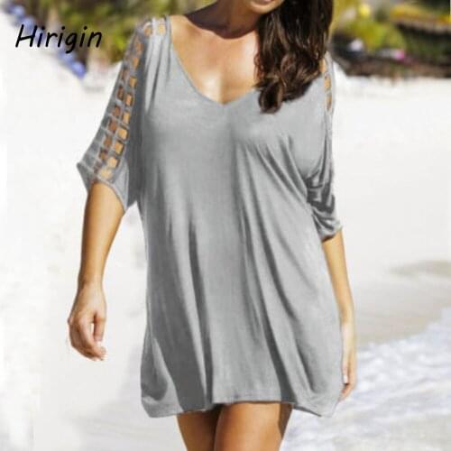 2020 Sexy Women Loose Beach Dress Tunic Solid Bikini Cover UP Swimsuit Beachwear Swimwear Hollow Out Beach Dress Robe De Plage