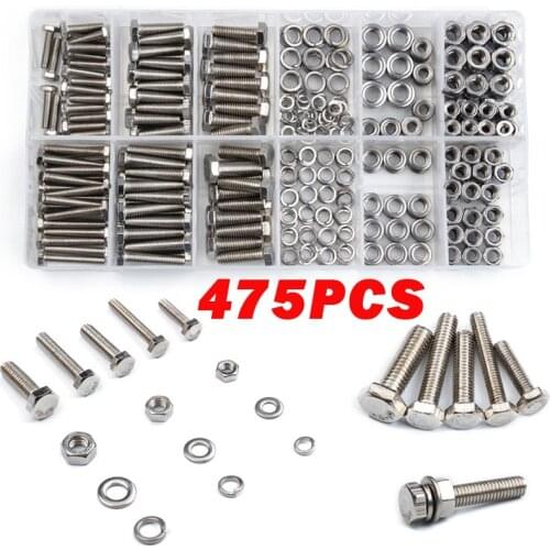 475PCS Stainless Steel Metric Bolt Hex Head Screw Nuts Flat Spring Washer M4/M5/M6 kydex clip nut and bolt screw assortment 4mm