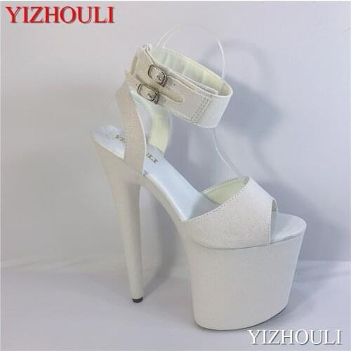 White sequins 20cm sexy high-heel glitter upper, 8in, ankle strap buckle, summer club pole dancing sandals