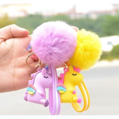 Super cute pompom unicorn doll keychains with 5cm fluffy rabbit fur ball keychain Women Girls bag pendant car keyring charm gift