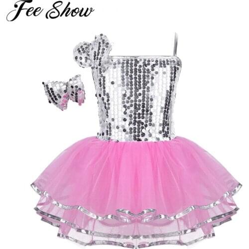 Kids Girls Ballet Dress Dance Wear Costume Outfit Modern Jazz Dance Performing Clothes Sparkly Sequins Mesh Dress with Hairclip
