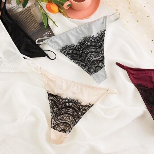 European and American Thong Women Sexy Hot Eyelash Lace Ribbon Girls T-pants Satin Ice Silk Breathable Trackless Panties