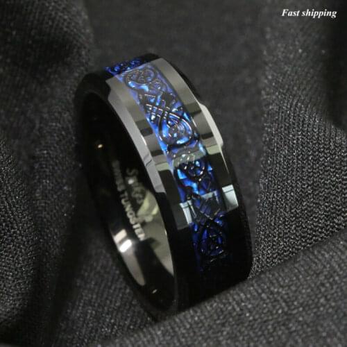 Tungsten Carbide Ring Black Dragon Blue carbon fibre Mens Jewelry 8/6mm Jewelry Wedding Party Statement Engagement Gift