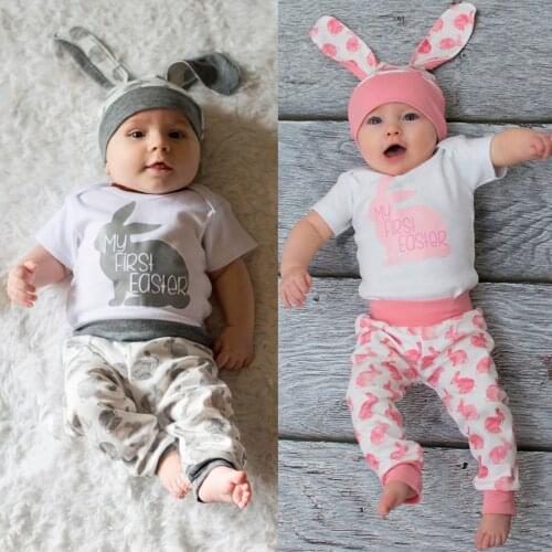 3Pcs Newborn Infant Baby Boys Girls Easter Clothes Cartoon Rabbit Printed Romper Bodysuit+Pants Hat Outfits ropa de bebe de