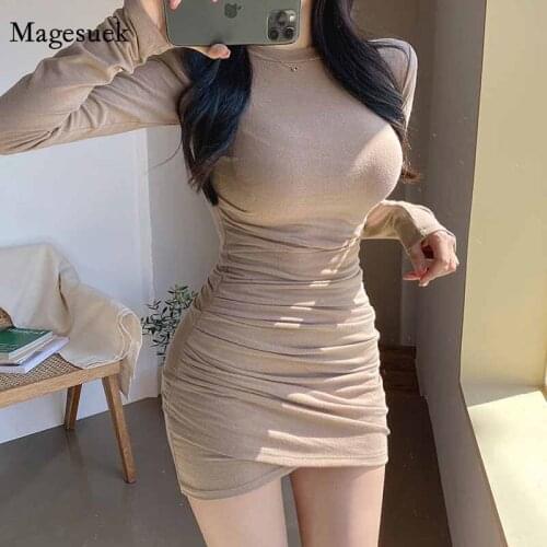 Korean Tight-fitting High-waist Long Sleeve Solid Bottoming Short Bodycon Dress Sexy Pleated Hip O-neck Dresses for Women12581