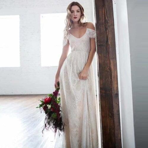 Spaghetti straps Beach Boho Photoshoot Wedding Dress Lace Beach Bohemain 2021 New Short Sleeve Bridal Gown Wedding Dress